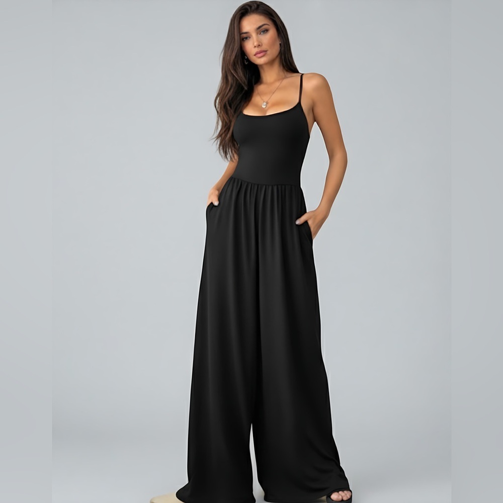 Boho Spaghetti Strap Wide Leg Jumpsuit With Pockets Black